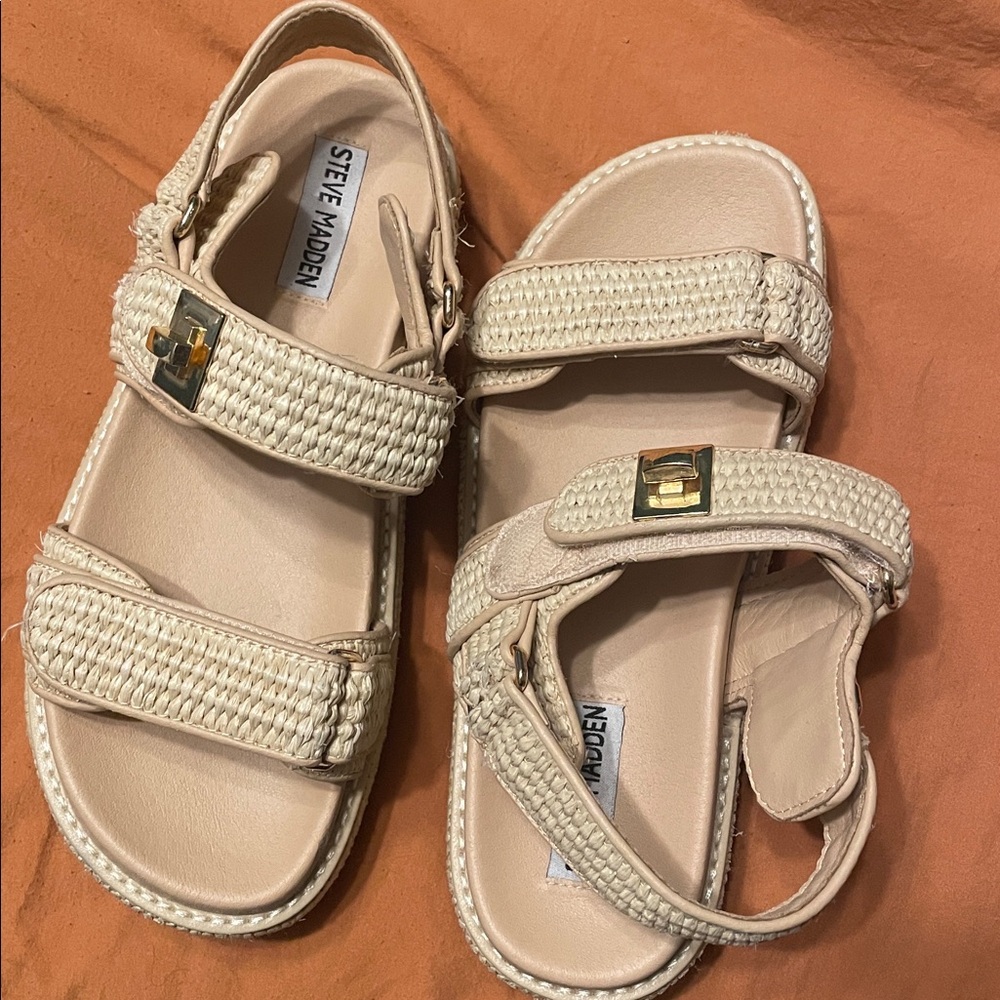 Steve Madden Cream Woven Double-Strap Sandals with Gold Buckles
